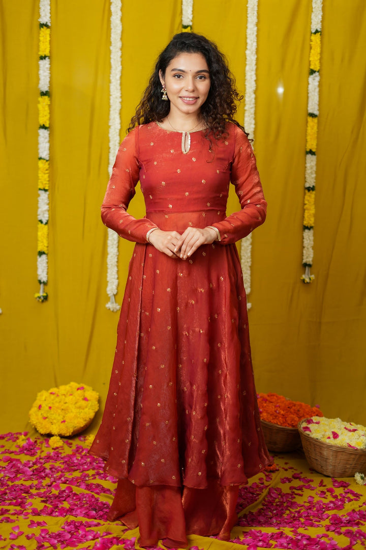 Pirainila Rust Orange Anarkali Kurta (Set of 2) | SHOBITAM