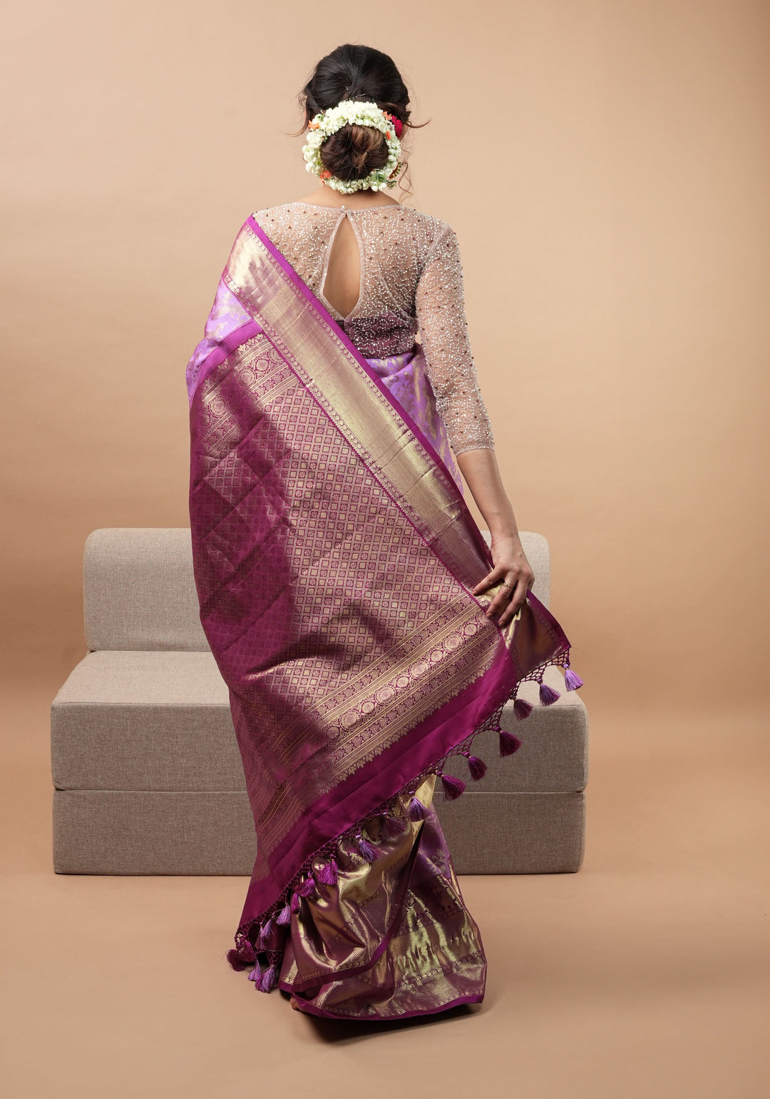 Brocade Kanjivaram Pure Silk Saree in Lilac and Purple with Peacock Leheria design | SILK MARK CERTIFIED