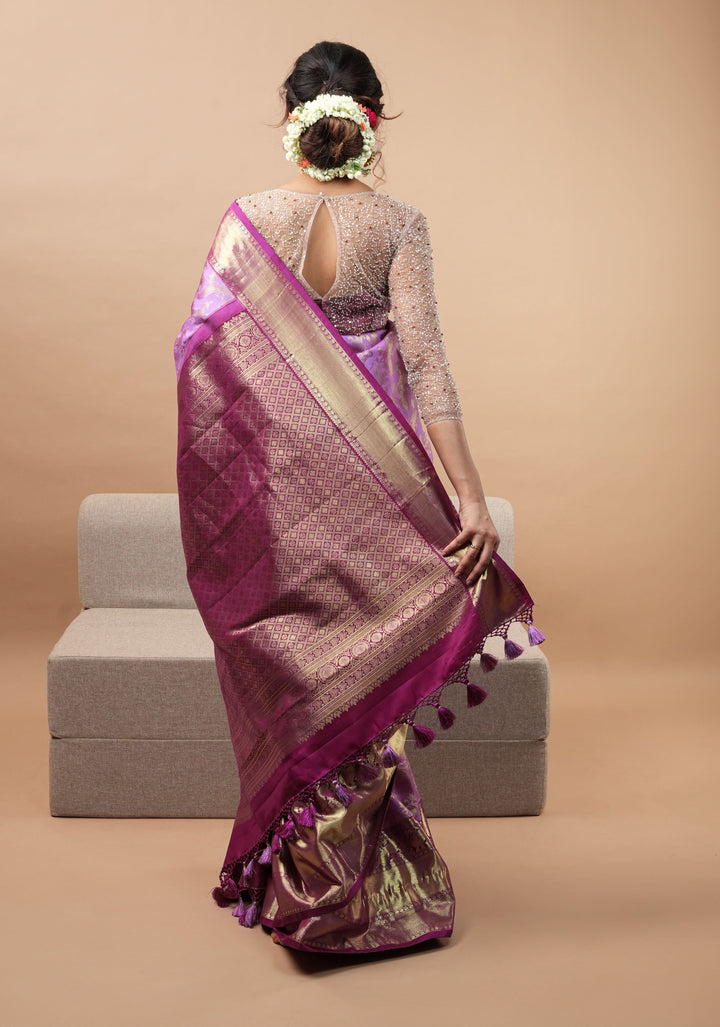Brocade Kanjivaram Pure Silk Saree in Lilac and Purple with Peacock Leheria design | SILK MARK CERTIFIED