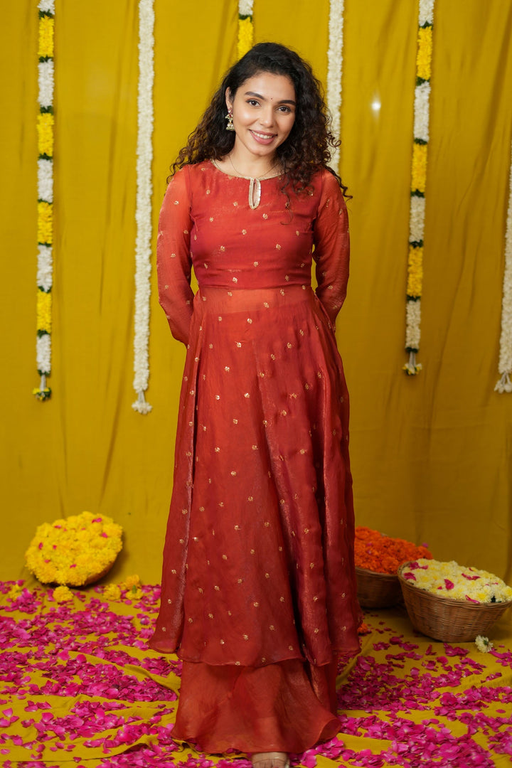Pirainila Rust Orange Anarkali Kurta (Set of 2) | SHOBITAM