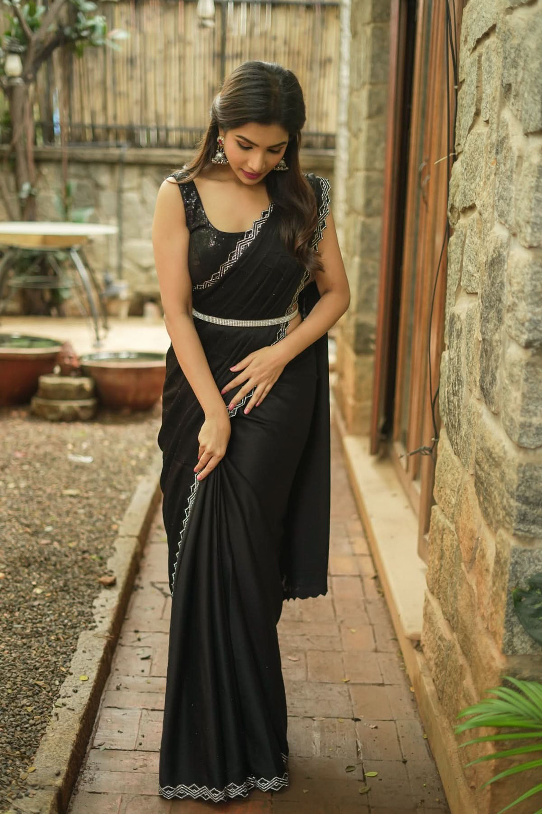 Shamoo Satin Silk saree in Black with elegant crystal work