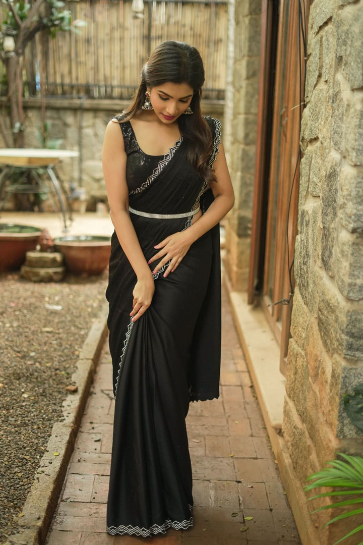 Shamoo Satin Silk saree in Black with elegant crystal work