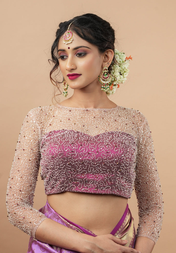 Illusion Neck Blouse with 3/4th sleeves with Heavy Cutdana and Sequins in Ivory and Plum, Made to Order