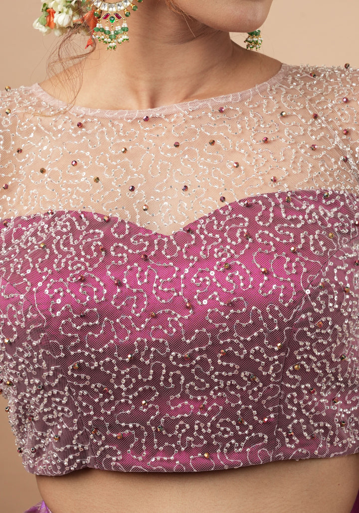 Illusion Neck Blouse with 3/4th sleeves with Heavy Cutdana and Sequins in Ivory and Plum, Made to Order