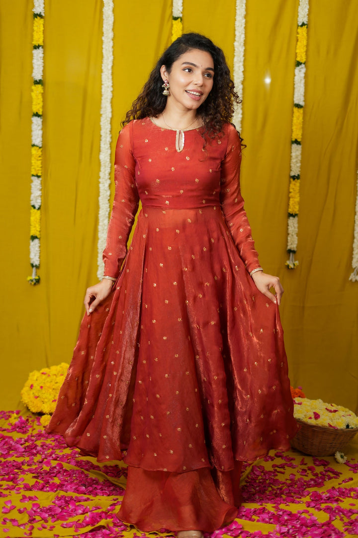 Pirainila Rust Orange Anarkali Kurta (Set of 2) | SHOBITAM