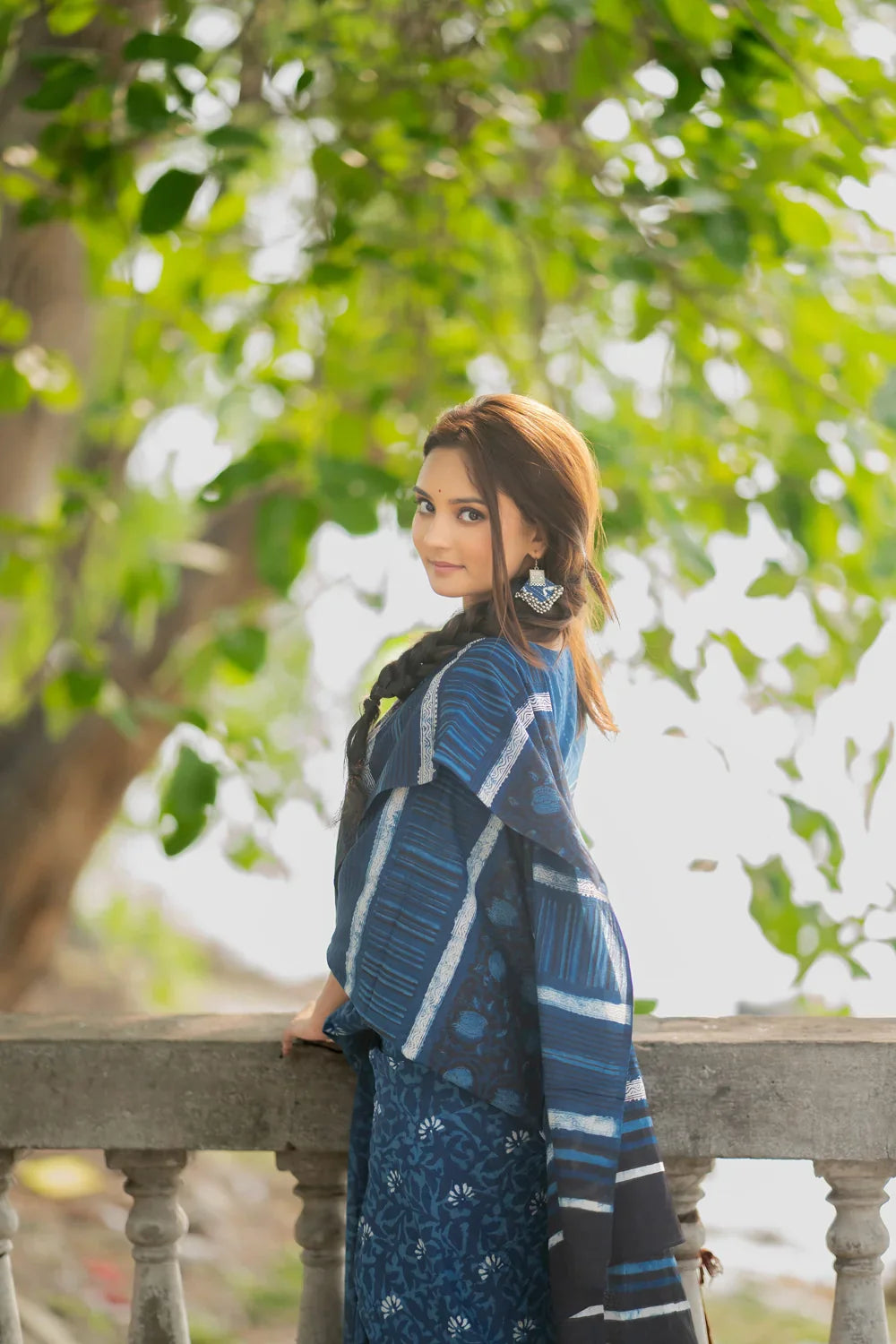 Indigo Blue Floral Hand Block Print Saree | SHOBITAM