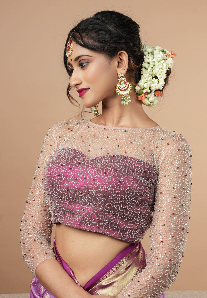 Illusion Neck Blouse with 3/4th sleeves with Heavy Cutdana and Sequins in Ivory and Plum, Made to Order