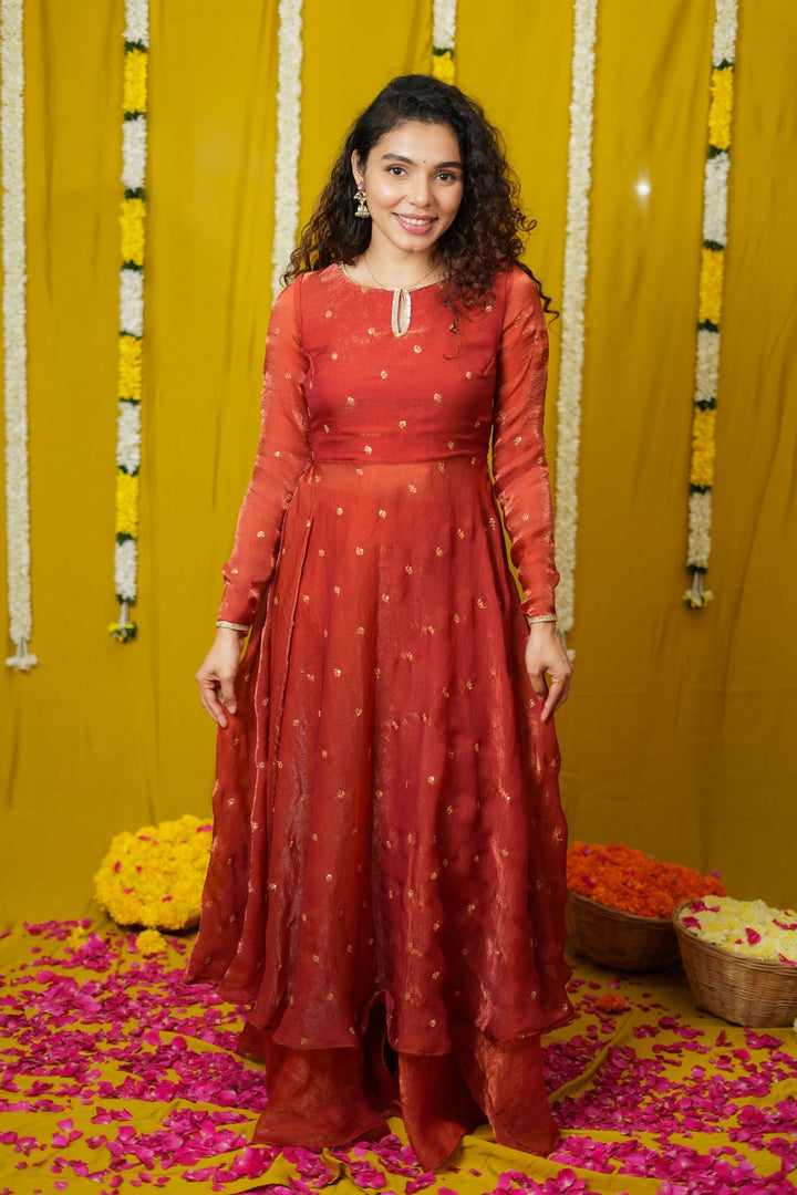 Pirainila Rust Orange Anarkali Kurta (Set of 2) | SHOBITAM