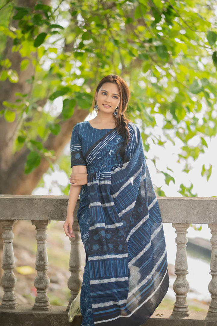 Indigo Blue Floral Hand Block Print Saree | SHOBITAM