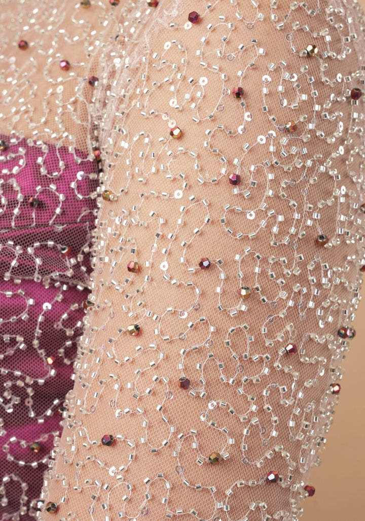 Illusion Neck Blouse with 3/4th sleeves with Heavy Cutdana and Sequins in Ivory and Plum, Made to Order