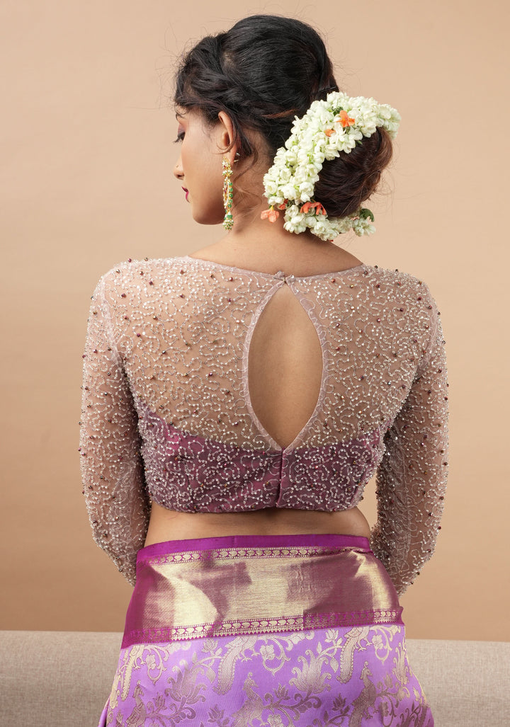 Illusion Neck Blouse with 3/4th sleeves with Heavy Cutdana and Sequins in Ivory and Plum, Made to Order
