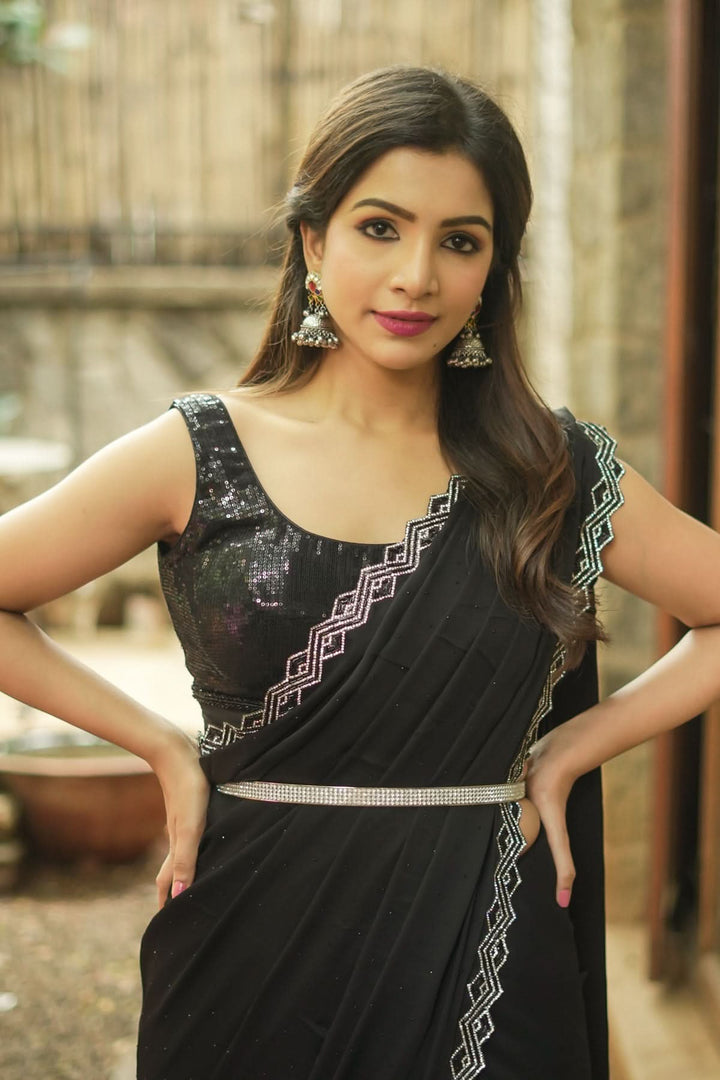 Shamoo Satin Silk saree in Black with elegant crystal work