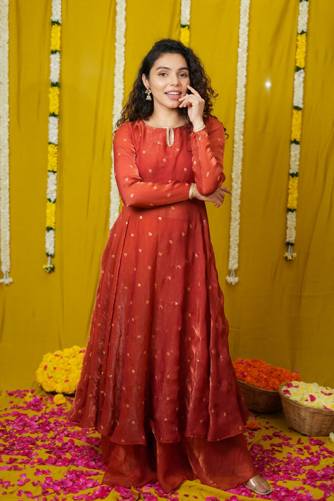 Pirainila Rust Orange Anarkali Kurta (Set of 2) | SHOBITAM