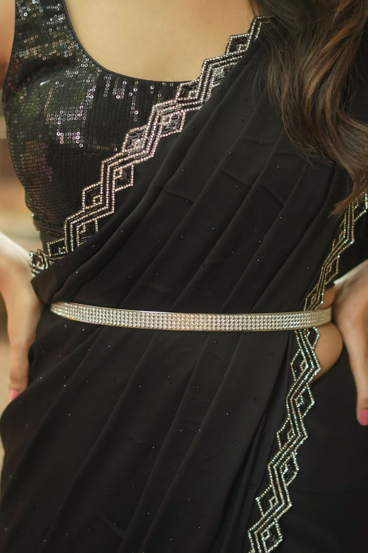 Shamoo Satin Silk saree in Black with elegant crystal work