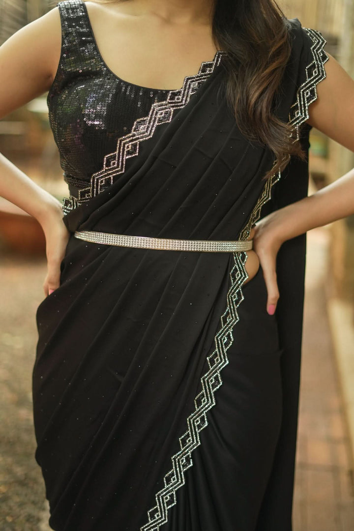Shamoo Satin Silk saree in Black with elegant crystal work