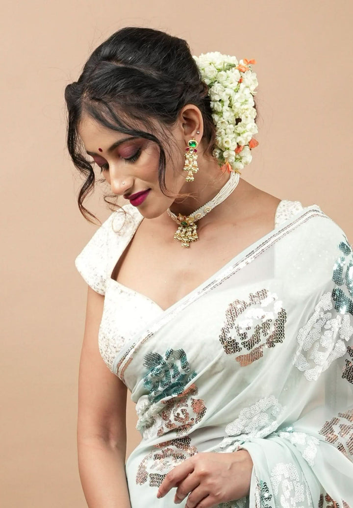 White Sequin Blouse with Queen Anne Neckline and cap sleeves