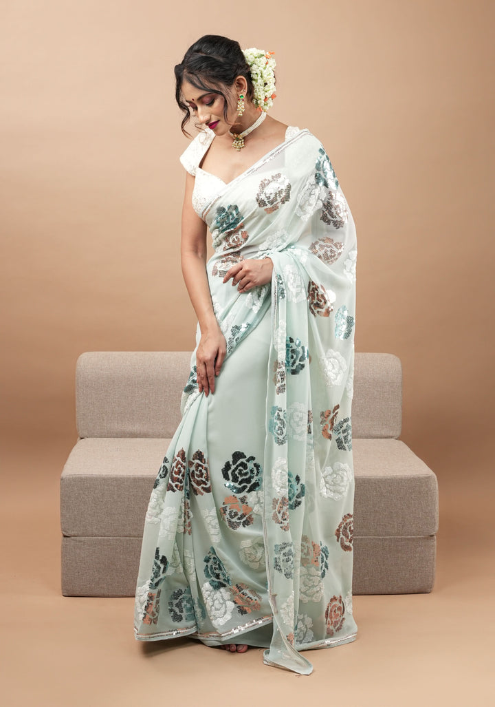 Georgette Saree in Pastel Aqua with Rose Design Sequin work