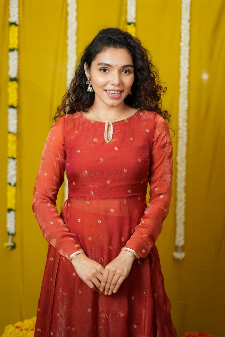 Pirainila Rust Orange Anarkali Kurta (Set of 2) | SHOBITAM