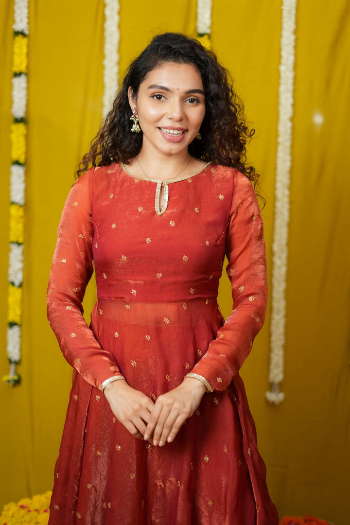 Pirainila Rust Orange Anarkali Kurta (Set of 2) | SHOBITAM
