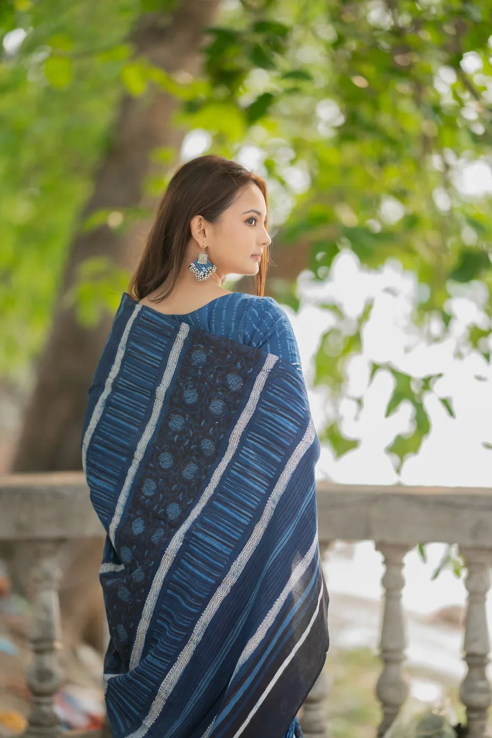 Indigo Blue Floral Hand Block Print Saree | SHOBITAM