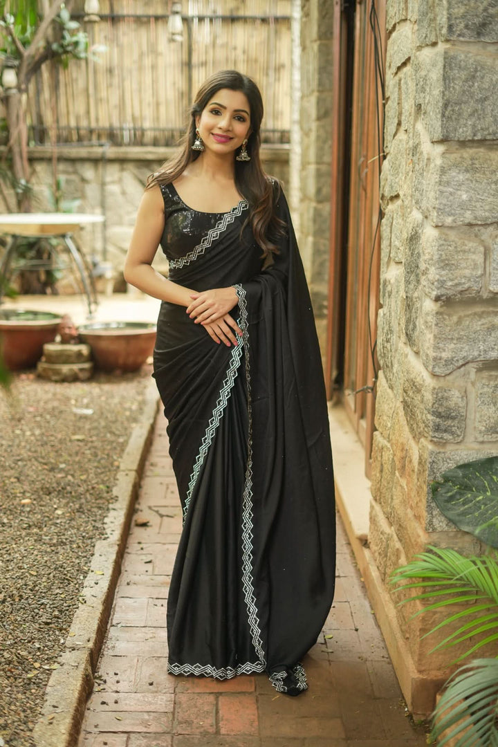 Shamoo Satin Silk saree in Black with elegant crystal work