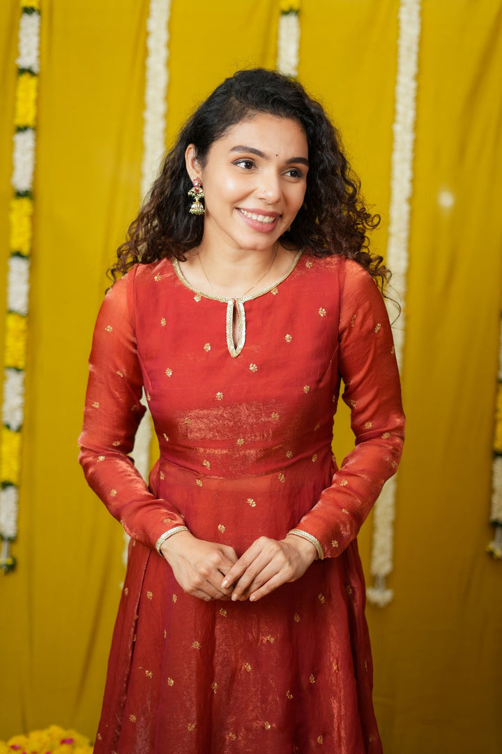 Pirainila Rust Orange Anarkali Kurta (Set of 2) | SHOBITAM