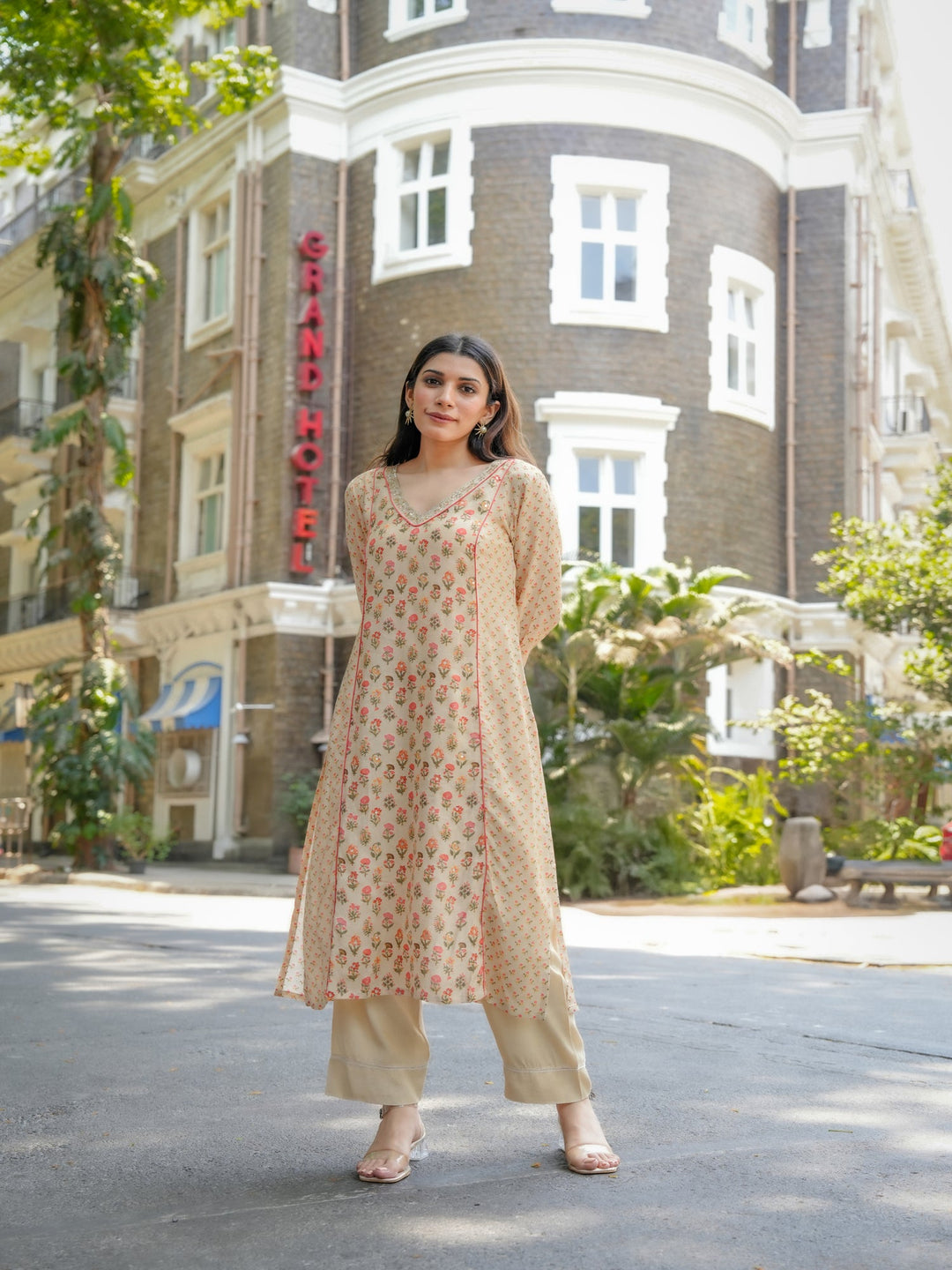 Beige with Orange and Red Small Buti Gota Work V Neck Panel Block Print Kurta pant set- SET OF-2 | SHOBITAM