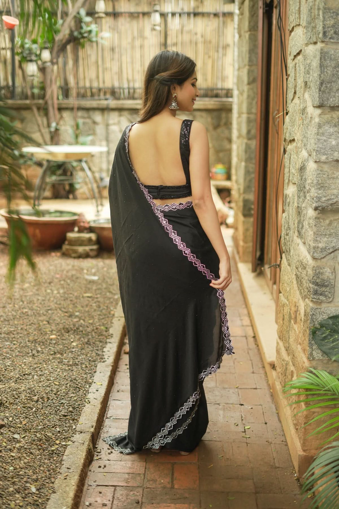 Shamoo Satin Silk saree in Black with elegant crystal work