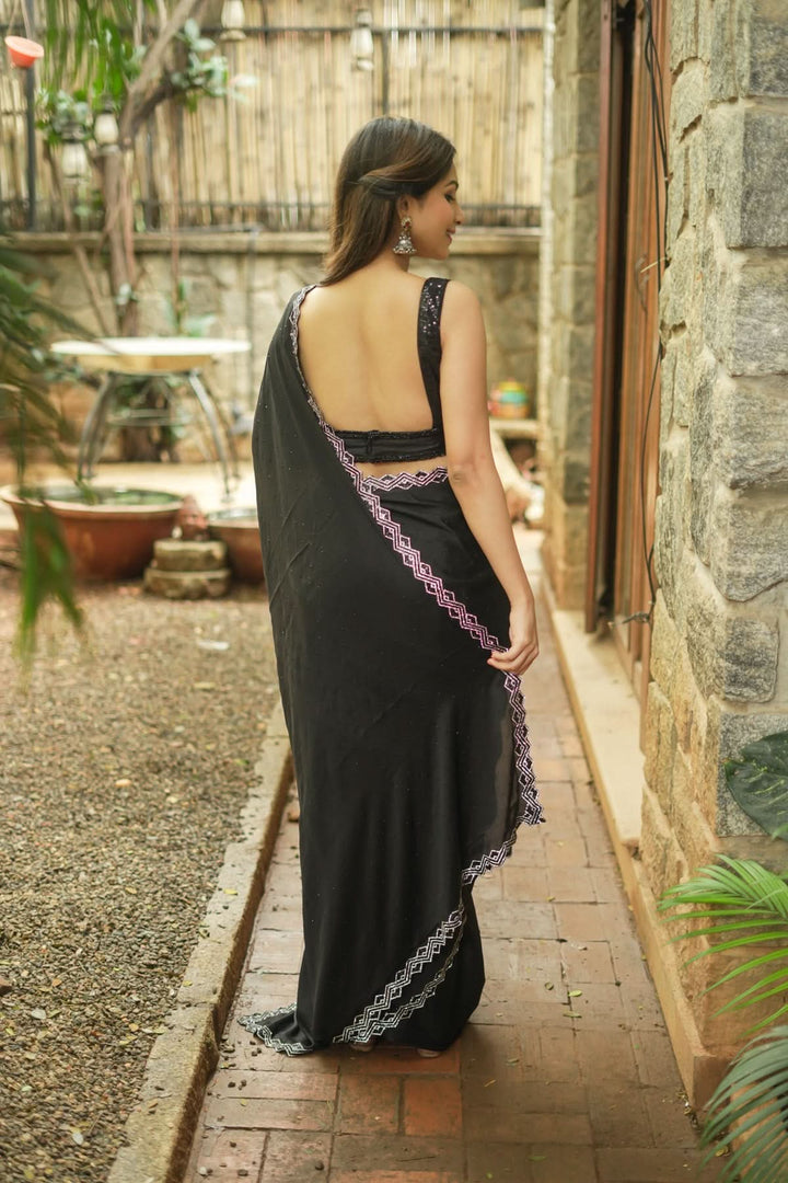 Shamoo Satin Silk saree in Black with elegant crystal work