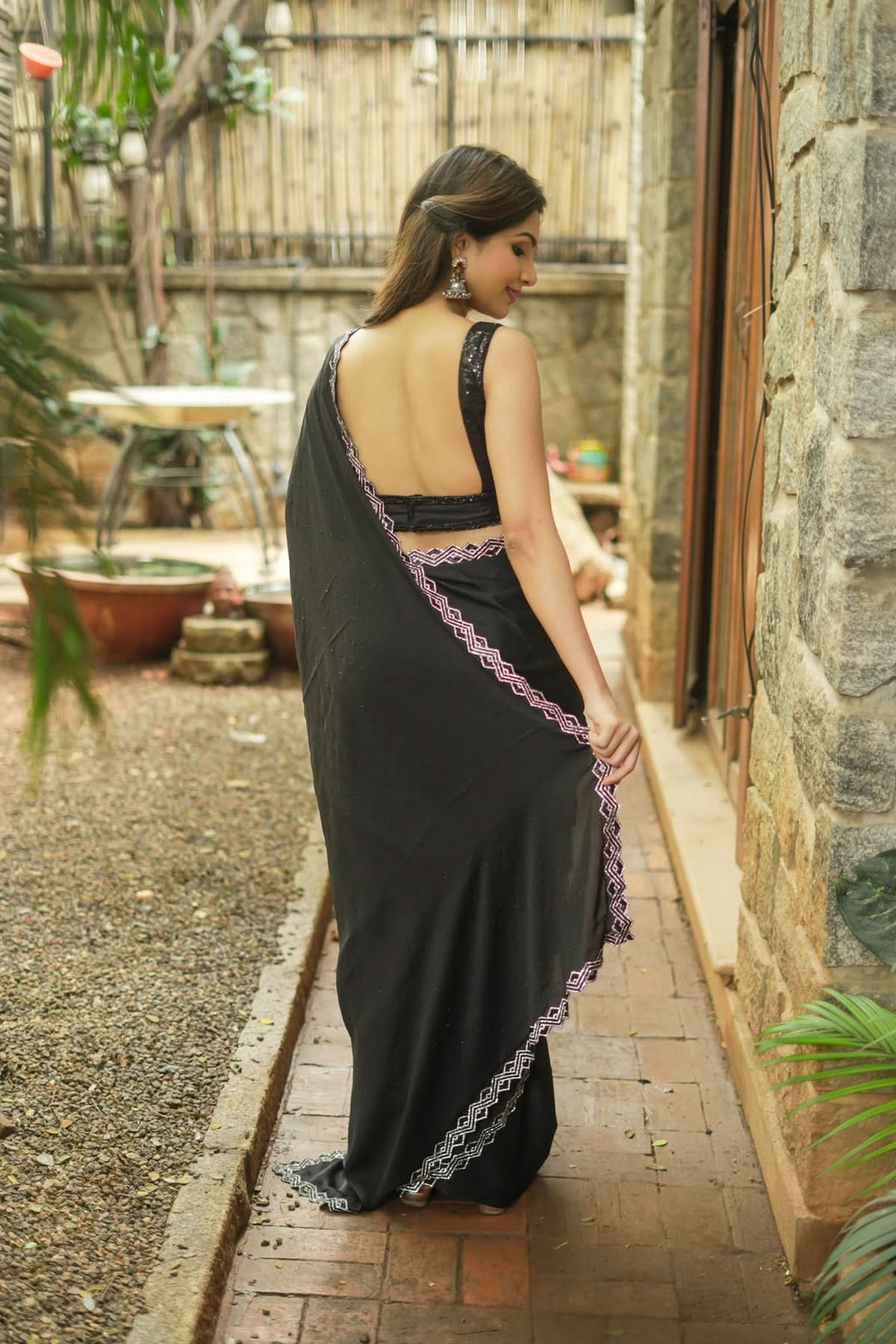 Shamoo Satin Silk saree in Black with elegant crystal work