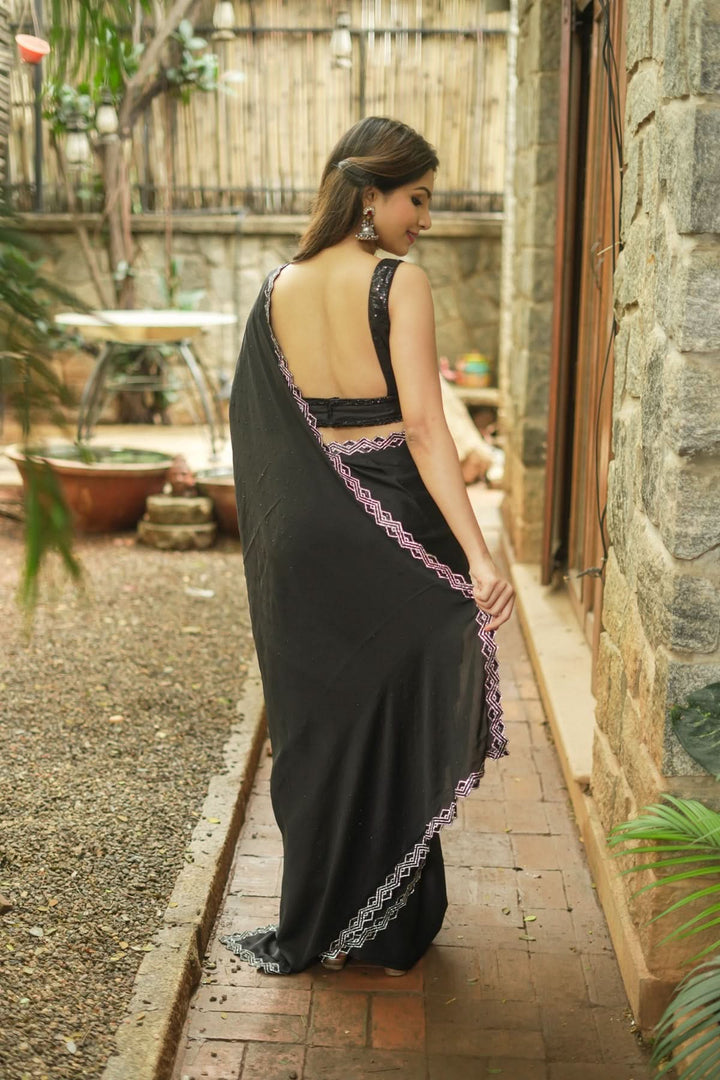Shamoo Satin Silk saree in Black with elegant crystal work