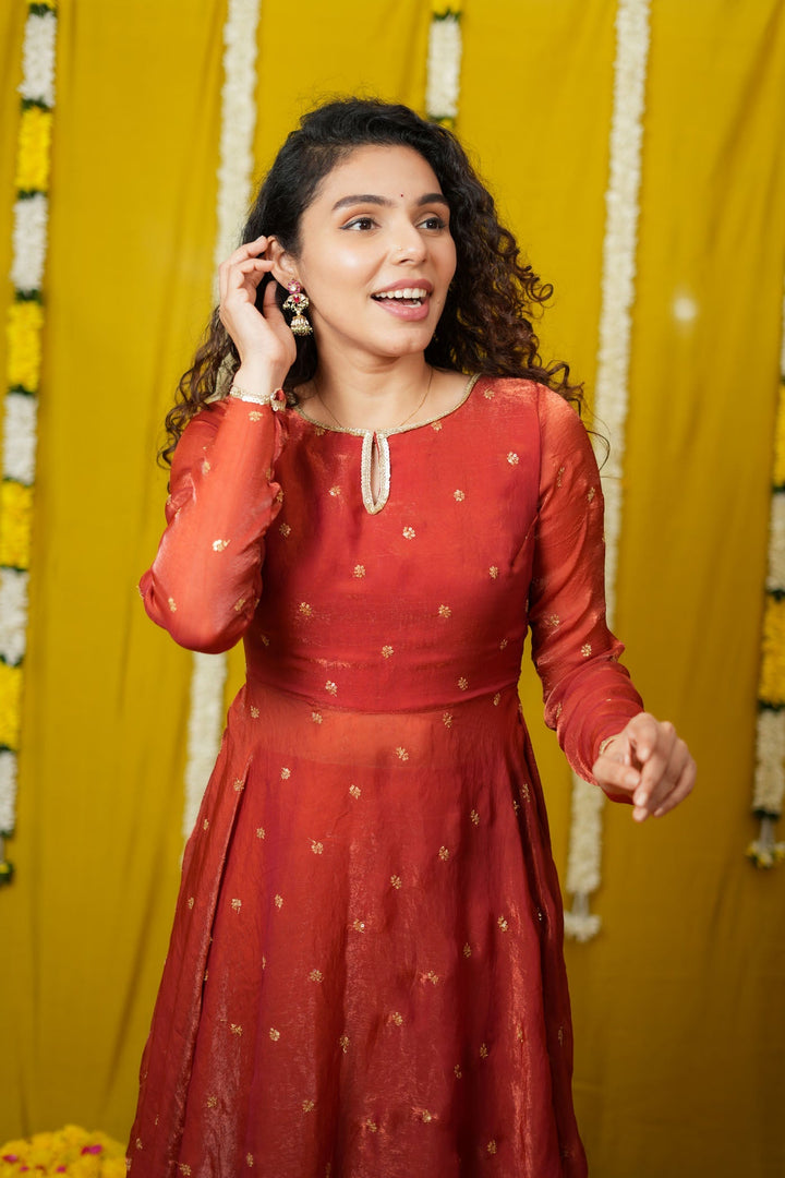 Pirainila Rust Orange Anarkali Kurta (Set of 2) | SHOBITAM