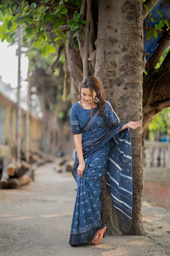 Indigo Blue Floral Hand Block Print Saree | SHOBITAM