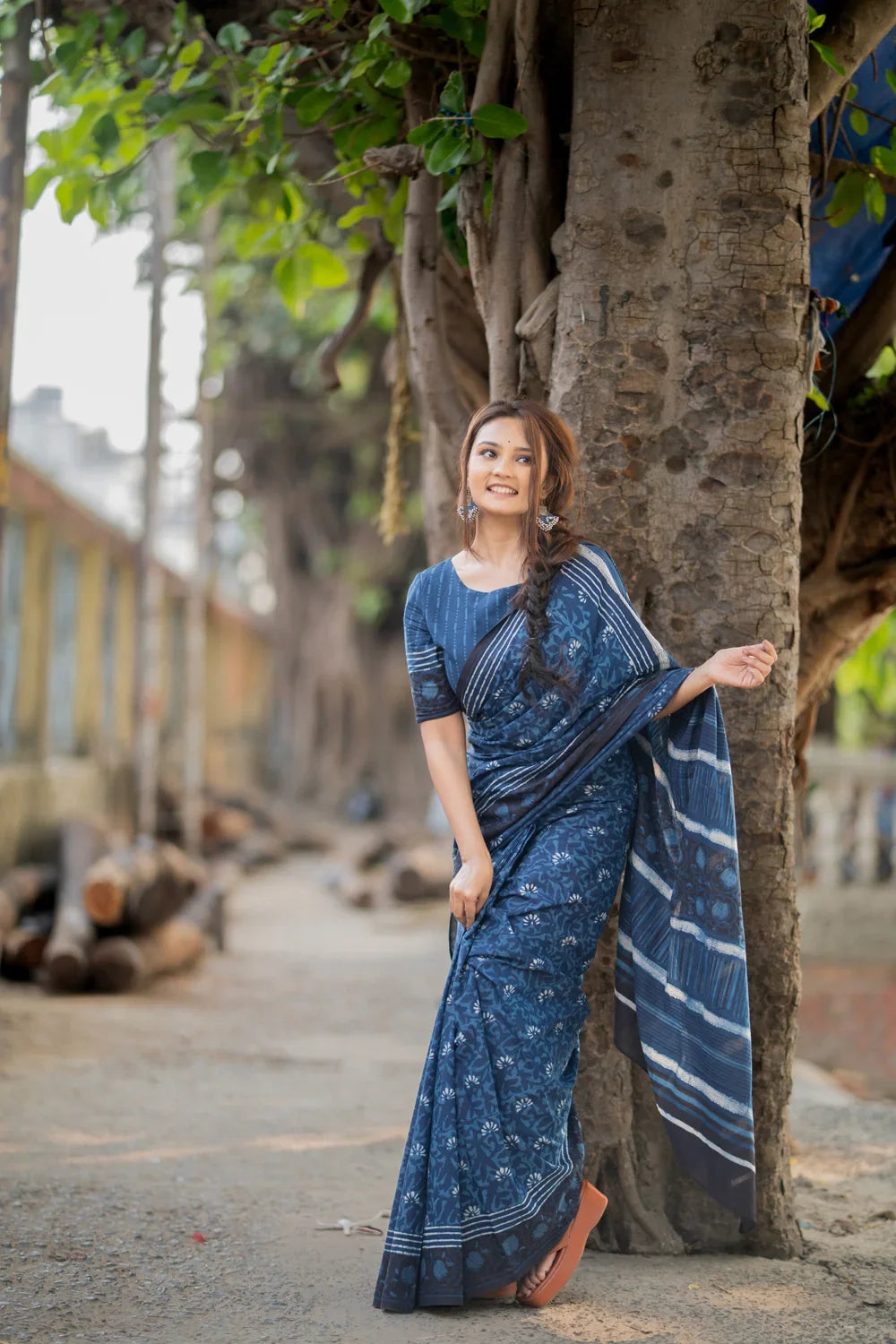 Indigo Blue Floral Hand Block Print Saree | SHOBITAM