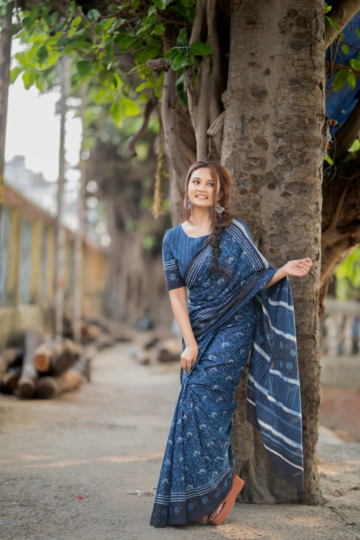 Indigo Blue Floral Hand Block Print Saree | SHOBITAM