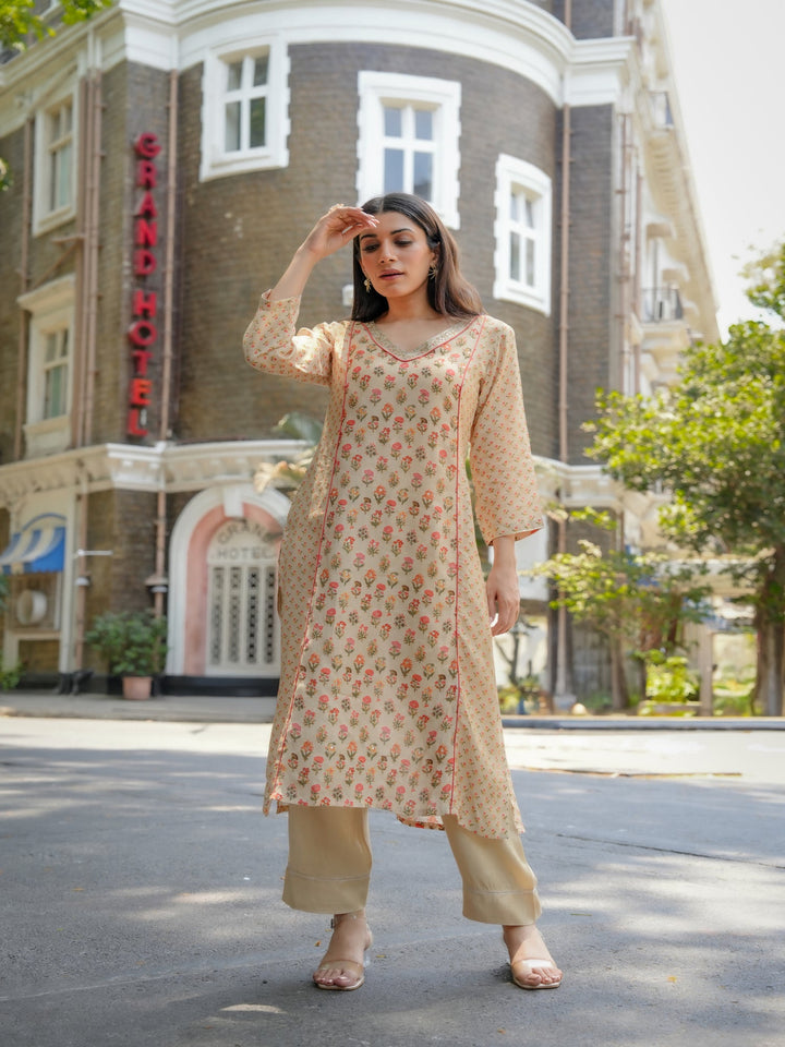 Beige with Orange and Red Small Buti Gota Work V Neck Panel Block Print Kurta pant set- SET OF-2 | SHOBITAM