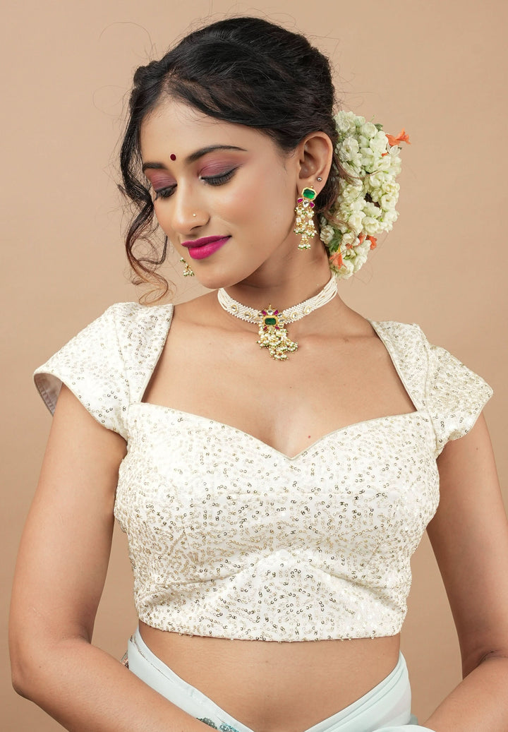 White Sequin Blouse with Queen Anne Neckline and cap sleeves