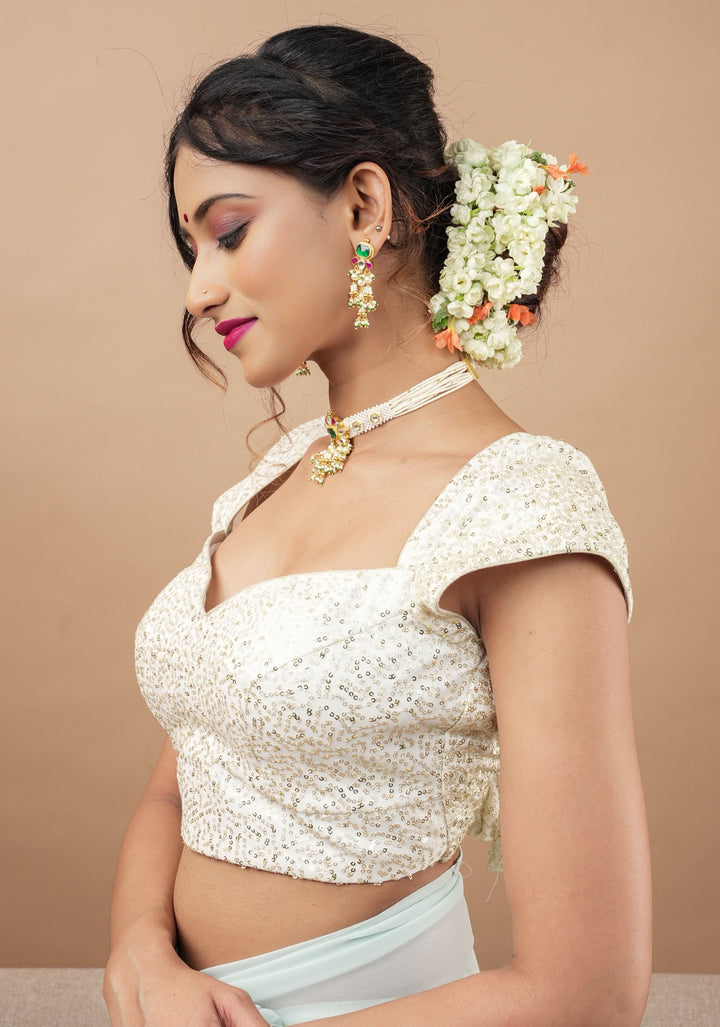 White Sequin Blouse with Queen Anne Neckline and cap sleeves
