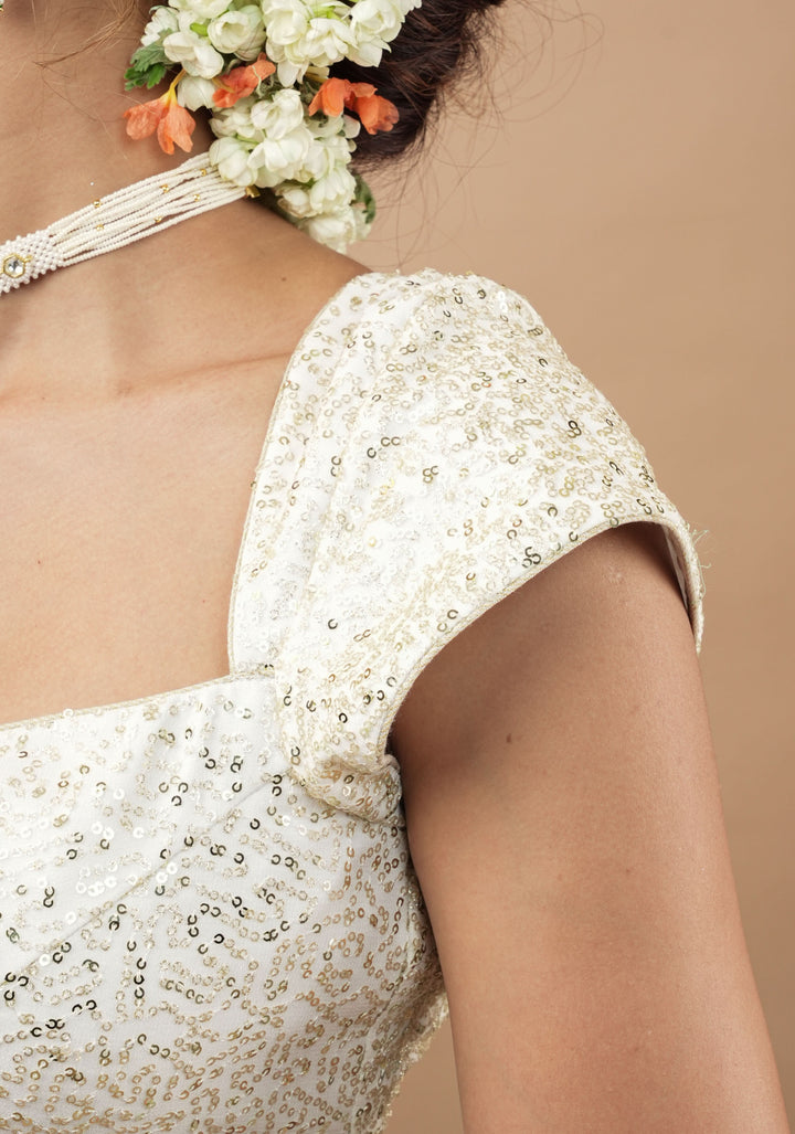 White Sequin Blouse with Queen Anne Neckline and cap sleeves