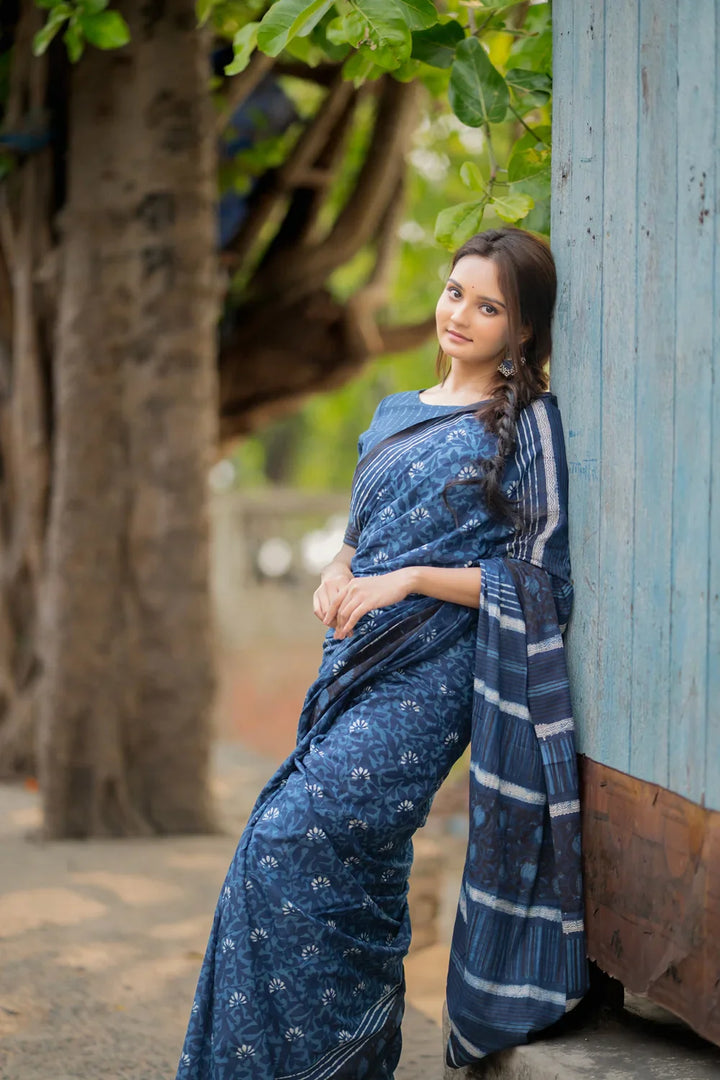 Indigo Blue Floral Hand Block Print Saree | SHOBITAM