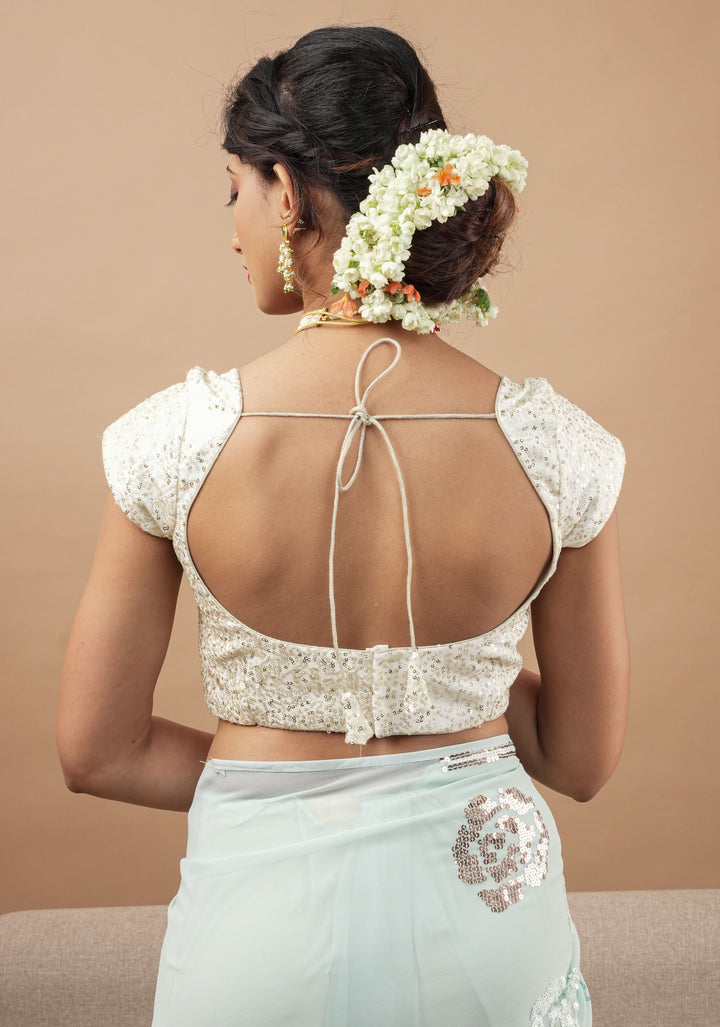 White Sequin Blouse with Queen Anne Neckline and cap sleeves