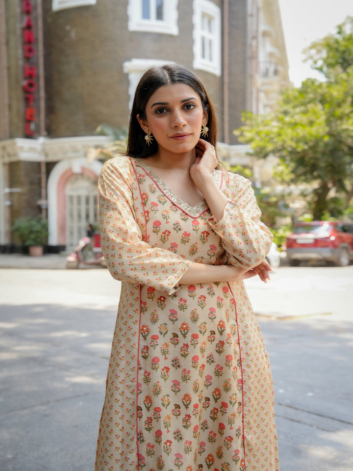 Beige with Orange and Red Small Buti Gota Work V Neck Panel Block Print Kurta pant set- SET OF-2 | SHOBITAM