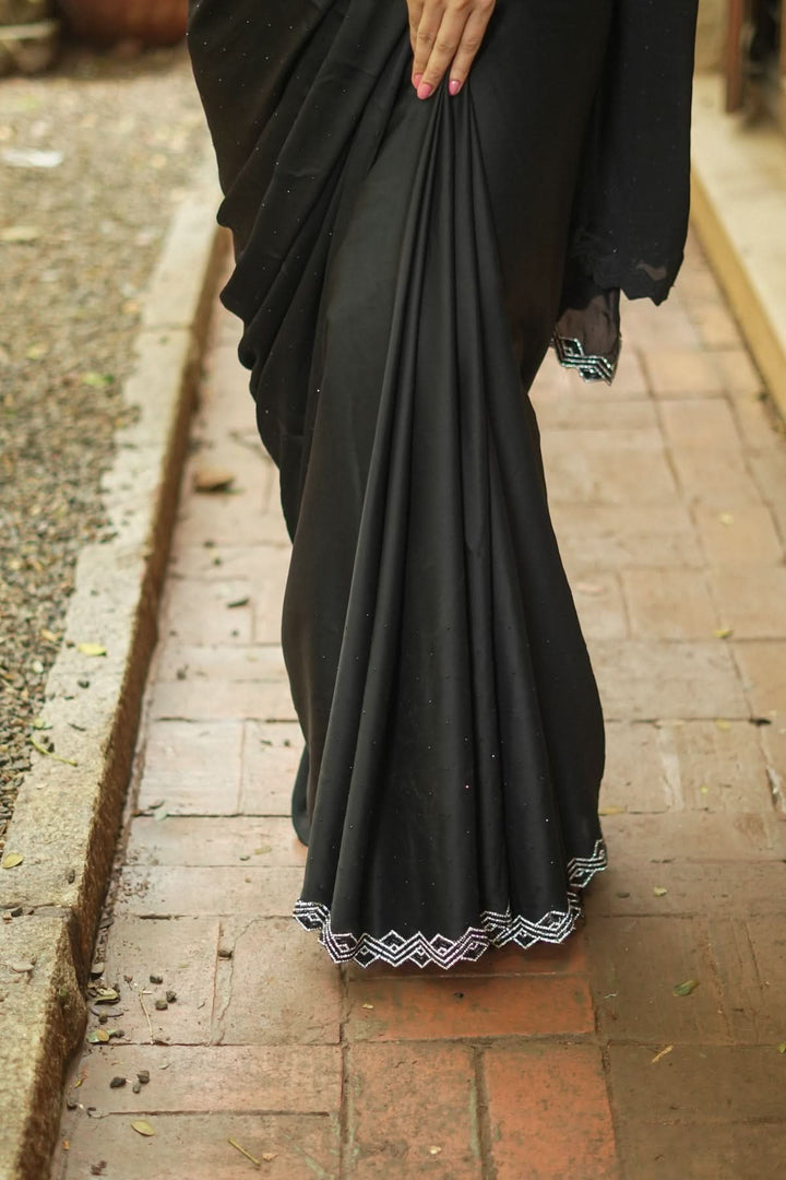 Shamoo Satin Silk saree in Black with elegant crystal work