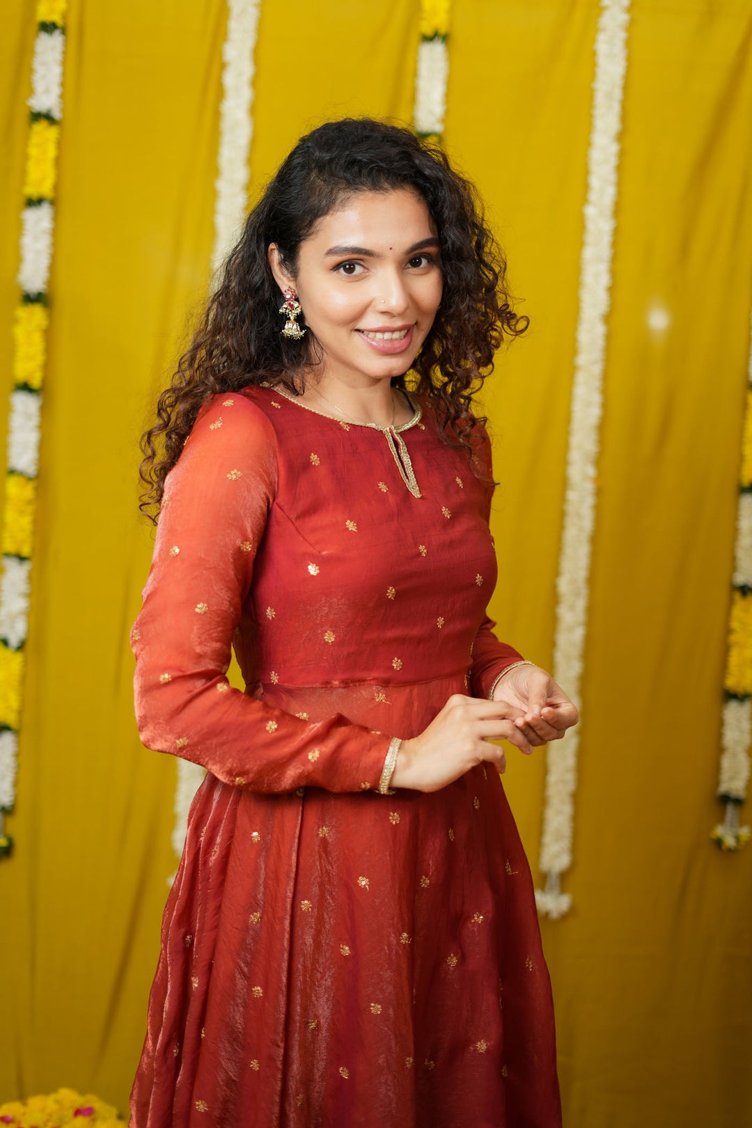 Pirainila Rust Orange Anarkali Kurta (Set of 2) | SHOBITAM