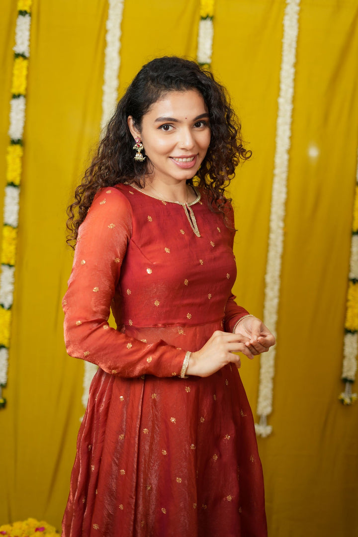 Pirainila Rust Orange Anarkali Kurta (Set of 2) | SHOBITAM