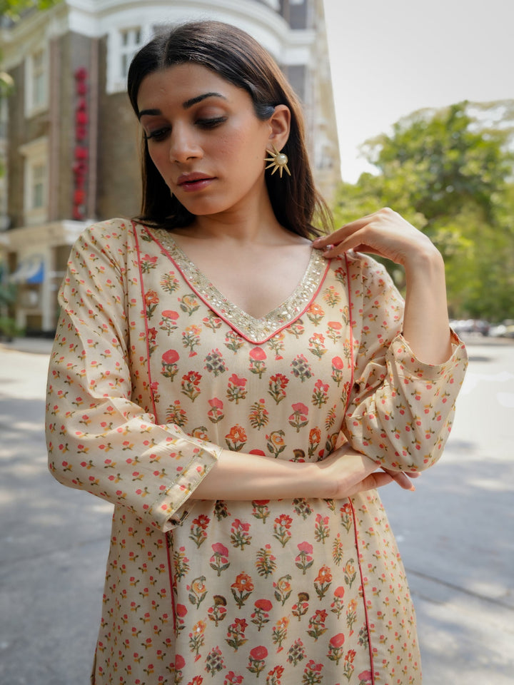 Beige with Orange and Red Small Buti Gota Work V Neck Panel Block Print Kurta pant set- SET OF-2 | SHOBITAM