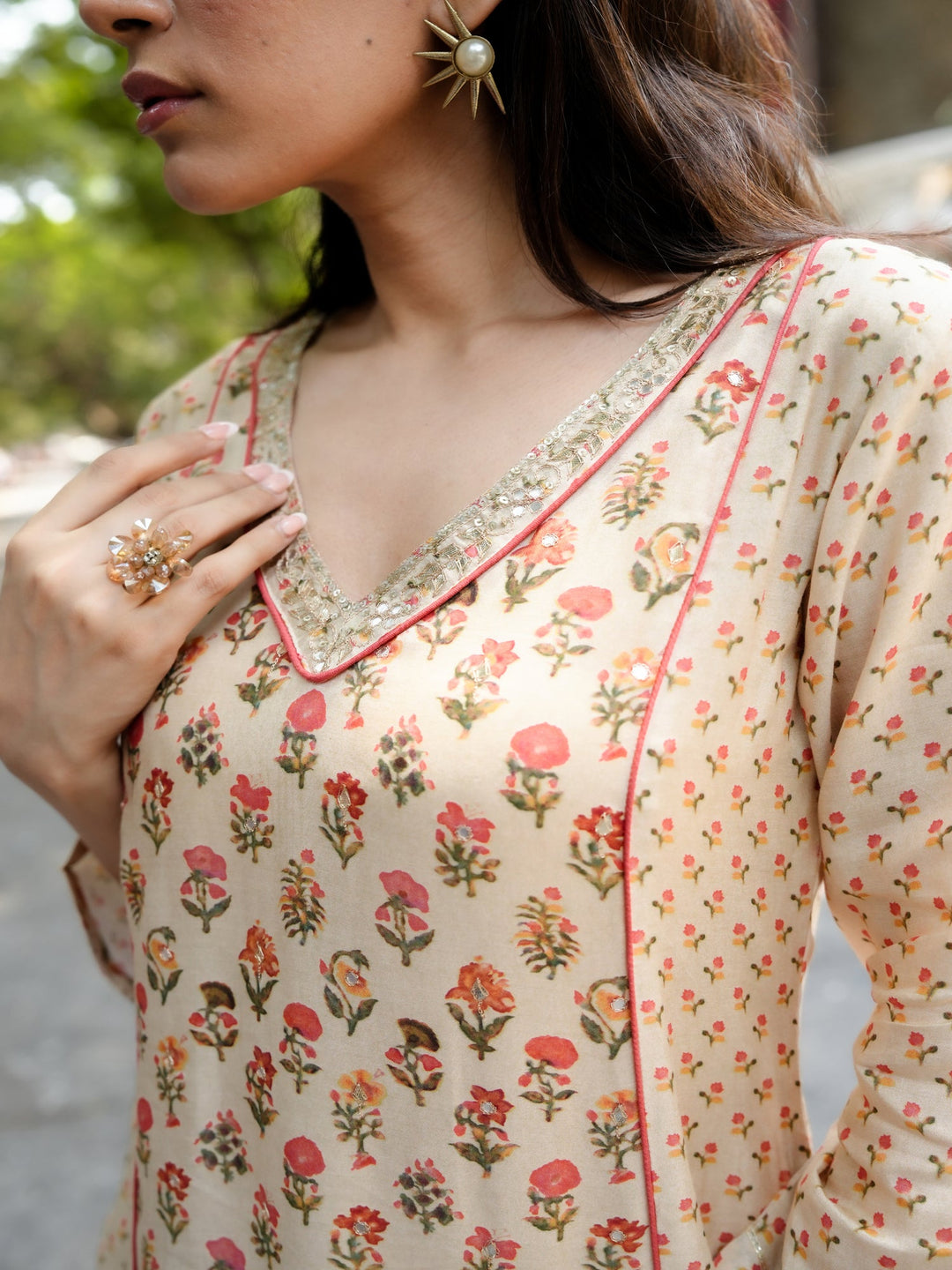 Beige with Orange and Red Small Buti Gota Work V Neck Panel Block Print Kurta pant set- SET OF-2 | SHOBITAM