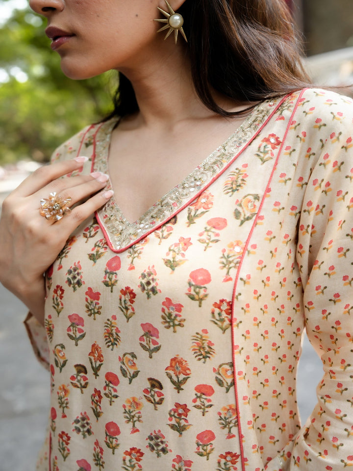 Beige with Orange and Red Small Buti Gota Work V Neck Panel Block Print Kurta pant set- SET OF-2 | SHOBITAM