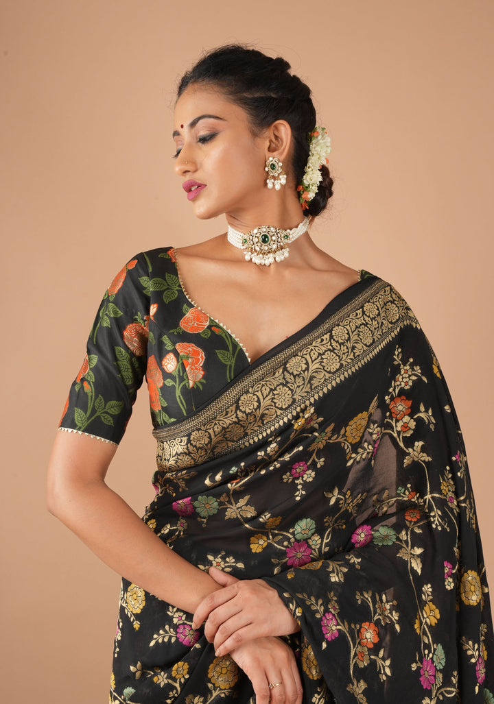 Black Banarasi Meenakari Plunge Neck Blouse with Gotta Detailing, customizable, made-to-order