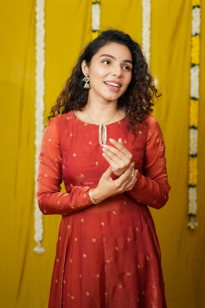Pirainila Rust Orange Anarkali Kurta (Set of 2) | SHOBITAM